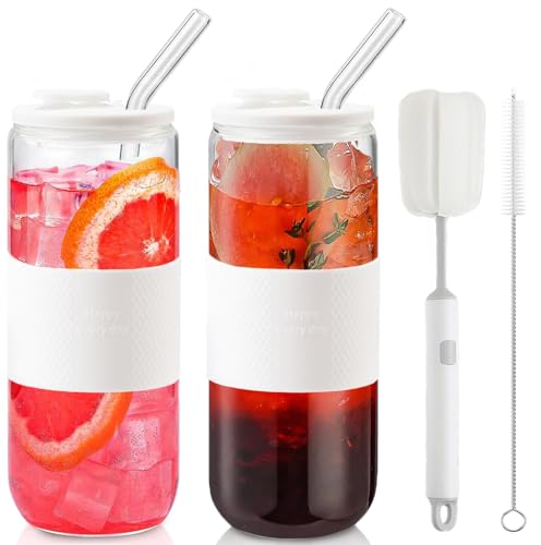 CJWLKJ Glasbecher in Dosenform mit Silikondeckel und Glasstrohhalmen, 2 Trinkgläser mit Deckel und Strohhalmen, Silikonhüllen, Biergläser, Eiskaffeetassen, Limonade, Geschenk, Weiß, 680 ml CJWLKJ Glasbecher in Dosenform mit Silikondeckel und Glasstrohhalmen, 2 Trinkgläser mit Deckel und Strohhalmen, Silikonhüllen, Biergläser, Eiskaffeetassen, Limonade, Geschenk, Weiß, 680 ml von CJWLKJ