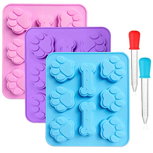 3er Pack Silikon Puppy Dog Paw & Knochen Förmigen Druck 2 in 1 Formen mit 2 Stück abgestufte Clear Liquid Droppers, 8-Cavity, wiederverwendbare Ice Candy Trays Schokoladenkekse Backformen Formen von CKANDAY