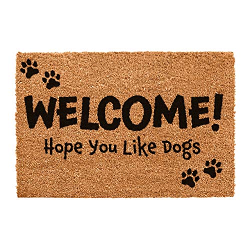 CKB LTD Fußmatte mit Aufschrift "Welcome Hope You Like Dogs", einzigartiger Hundepfotenabdruck, Vorder- und Rückseite, mit rutschfester PVC-Unterseite, natürliche Kokosfaser, für drinnen und draußen von CKB