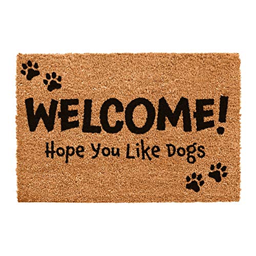 CKB LTD Fußmatte mit Aufschrift "Welcome Hope You Like Dogs", einzigartiger Hundepfotenabdruck, Vorder- und Rückseite, mit rutschfester PVC-Unterseite, natürliche Kokosfaser, für drinnen und draußen von CKB LTD