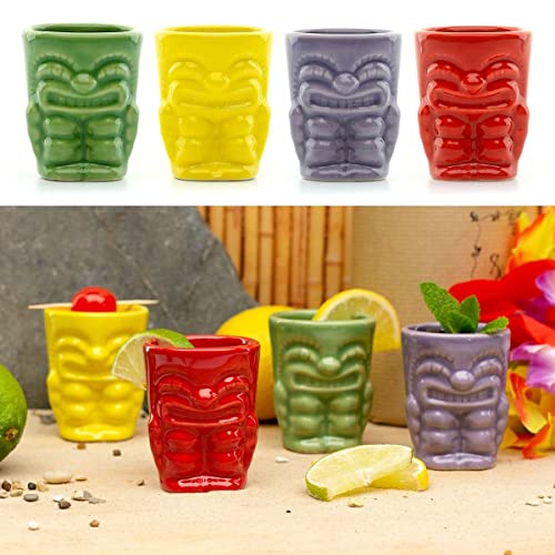 CKB LTD Keramik-Tiki-Bar-Schnapsgläser, 50 ml, 4 Stück, kleine Spirituosen-Trinkgläser, ideal für Hawaii-Party, farbige Keramik, 50 ml von CKB LTD