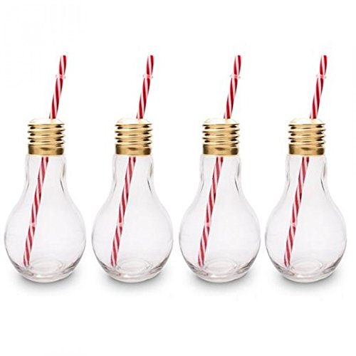 CKB LTD® Pack of 4 Edison Light Bulb Neuheit Gläsersets Trinkgläser mit Deckel und Trinkhalm Stroh 4 Gläser Set Ideal für Soft Getränke, Bier, Cocktails und Rum von CKB LTD
