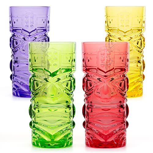 CKB LTD 4er-Set TIKI Becher Maori Tiki Glas Farbiges Glas Tiki-Set Cocktailgläser Cocktailbecher Longdrinkglas für Mai Tai, Rum Cocktail, Tiki Bar 450ml von CKB LTD