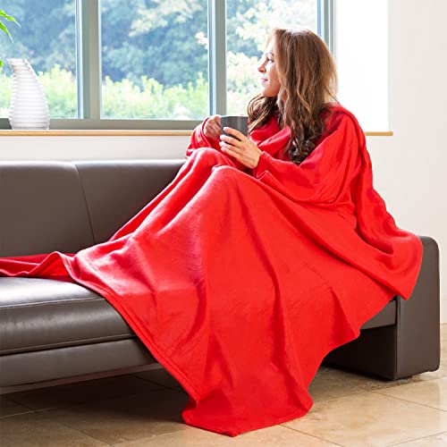 Snug Rug Cosy Decke Kuscheldecke mit Ärmeln SnugRug Ärmeldecken Superweiche 160gsm Fleece-weicher Stoff Übergroße Ärmel Erwachsene Größe Rot von CKB Ltd