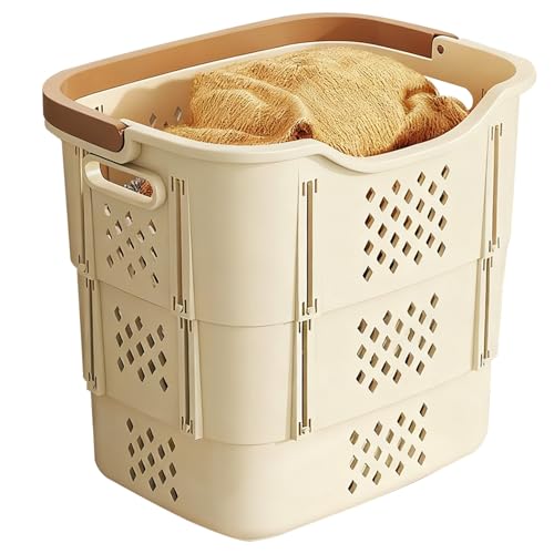 Faltbarer Wäschekorb aus Kunststoff mit komfortablen rutschfesten Griffen, platzsparender Wäschebehälter, geeignet for Waschküchen, Schlafzimmer, Badezimmer und Wohnheime.(Beige) von CKDKASZ