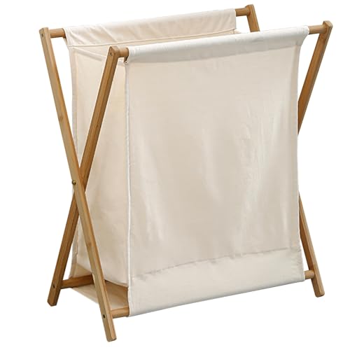 Faltbarer Wäschekorb mit großem Fassungsvermögen, freistehender Wäschekorb, Nanmu-Bambusrahmen, geeignet for Wohnheime, Badezimmer, Waschküchen und Schlafzimmer.(Beige,L) von CKDKASZ