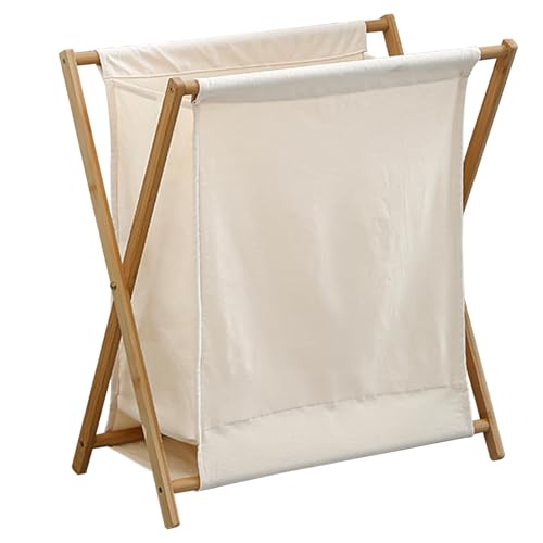 Faltbarer Wäschekorb mit großem Fassungsvermögen, freistehender Wäschekorb, Nanmu-Bambusrahmen, geeignet for Wohnheime, Badezimmer, Waschküchen und Schlafzimmer.(Beige,M) von CKDKASZ