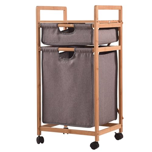 Freistehender doppelstöckiger Wäschekorb aus Bambus mit Rollen, geeignet zur Aufbewahrung von Kleidung und Spielzeug in Wohnheimen, Waschküchen, Badezimmern und Schlafzimmern.(Gray) von CKDKASZ