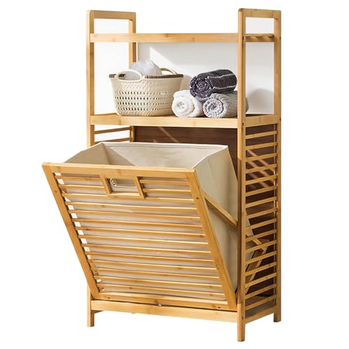Schräger Wäschekorb aus Bambus mit klappbarem Ablageregal, freistehender Wäschekorb, geeignet for Badezimmer oder Schlafzimmer(White,A-Large) von CKDKASZ