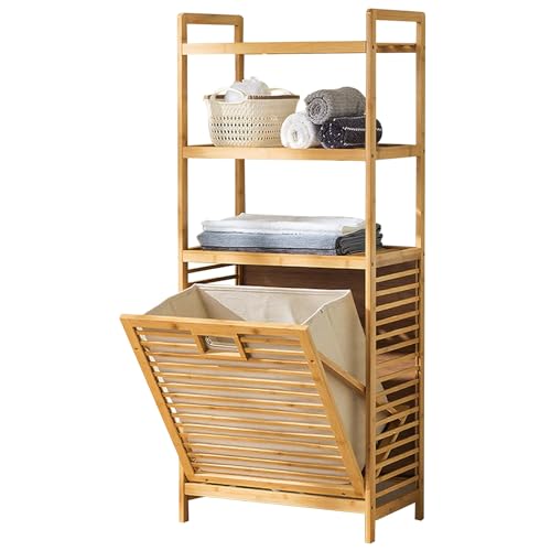 Schräger Wäschekorb aus Bambus mit klappbarem Ablageregal, freistehender Wäschekorb, geeignet for Badezimmer oder Schlafzimmer(White,B-Large) von CKDKASZ