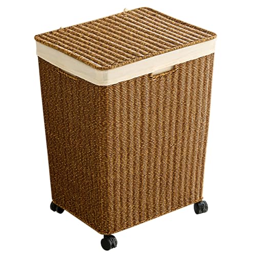 Wäschekorb Mit Deckel, Aufbewahrungskorb Aus Synthetischem Rattan, Wäschekorb Mit Rollen, Geeignet for Waschküchen, Schlafzimmer Und Badezimmer.(Brown,L) von CKDKASZ