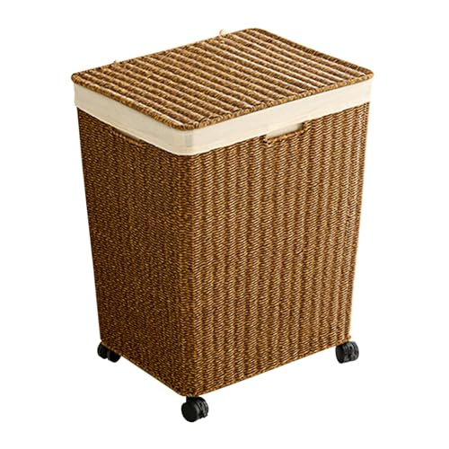 Wäschekorb Mit Deckel, Aufbewahrungskorb Aus Synthetischem Rattan, Wäschekorb Mit Rollen, Geeignet for Waschküchen, Schlafzimmer Und Badezimmer.(Brown,S) von CKDKASZ