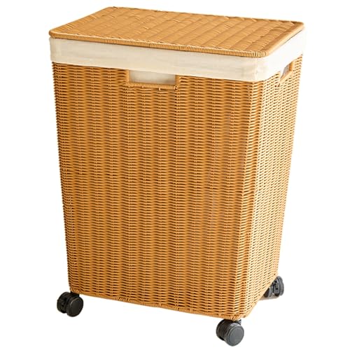 Wäschekorb Mit Deckel, Aufbewahrungskorb Aus Synthetischem Rattan, Wäschekorb Mit Rollen, Geeignet for Waschküchen, Schlafzimmer Und Badezimmer.(Yellow,L) von CKDKASZ