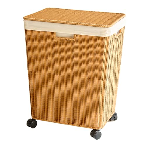 Wäschekorb Mit Deckel, Aufbewahrungskorb Aus Synthetischem Rattan, Wäschekorb Mit Rollen, Geeignet for Waschküchen, Schlafzimmer Und Badezimmer.(Yellow,S) von CKDKASZ