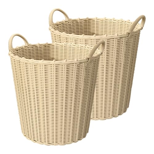 Zwei Wäschekörbe aus Kunstgeflecht mit komfortablen Griffen, großem Fassungsvermögen, geeignet für Schlafzimmer, Badezimmer, Waschküchen und Balkone.(L) von CKDKASZ