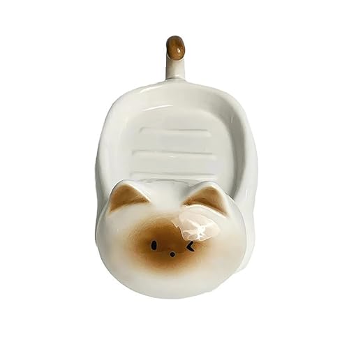 CKQshenKouyicKQ Katzenförmige Keramik-Seifenschale mit Abfluss, dekorative Seifenschale, Seifenbehälter, Badezimmer-Seifen-Organizer for Zuhause, Badezimmer, Hotel(White) von CKQshenKouyicKQ