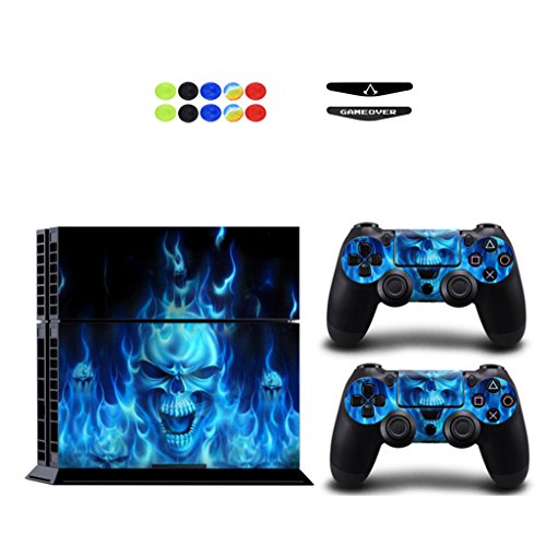 Skin for PS4, Chickwin Design Folie Aufkleber Sticker schützende Haut Schale für Sony Playstation 4 Konsole und 2 Dualshock Controller Skins + 10 pc Silikon Thumb Grips + 2pc zufällig Light Bar (Schädel Blau Feuer) Skin for PS4, Chickwin Design Folie Aufkleber Sticker schützende Haut Schale für Sony Playstation 4 Konsole und 2 Dualshock Controller Skins + 10 pc Silikon Thumb Grips + 2pc zufällig Light Bar (Schädel Blau Feuer) von Chickwin