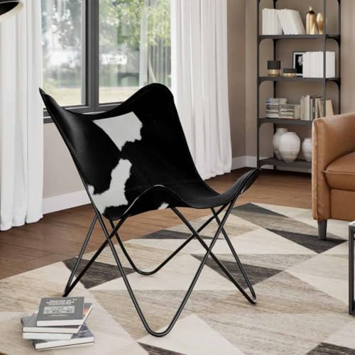 CKioict Butterfly-Sessel Schwarz und Weiß Echtes Kuhfell fernsehsessel ohrensessel mit hocker for Wohnzimmer Balkon von CKioict