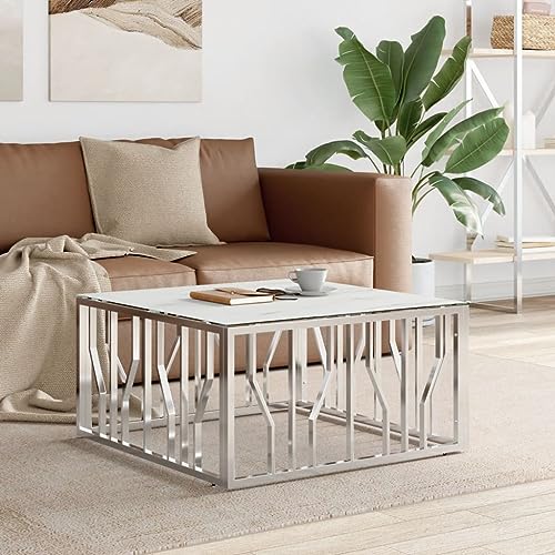 CKioict Couchtisch Silbern couchtisch wohnzimmertisch for Wohnzimmer Esszimmer 80x80x40 cm Edelstahl und Glas von CKioict