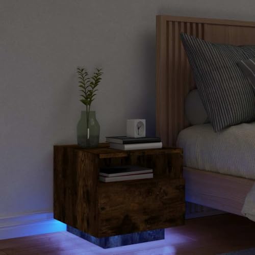 CKioict Nachttisch mit LED-Leuchten Räuchereiche kommode mit schubladen Bedside Table for Zimmer Schlafzimmer 40x39x37 cm von CKioict