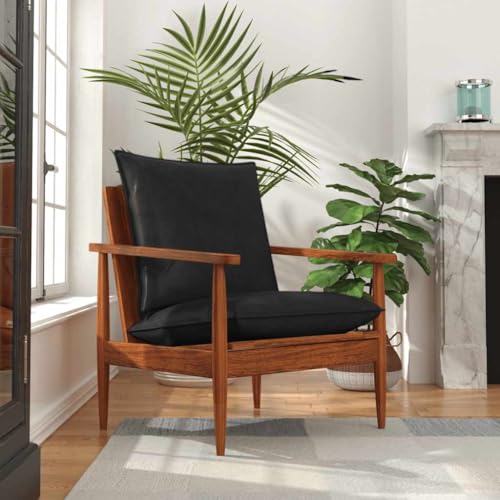 CKioict Sessel Schwarz Echtleder und Massivholz Akazie lesesessel ohrensessel mit hocker for Innenraum Balkon von CKioict