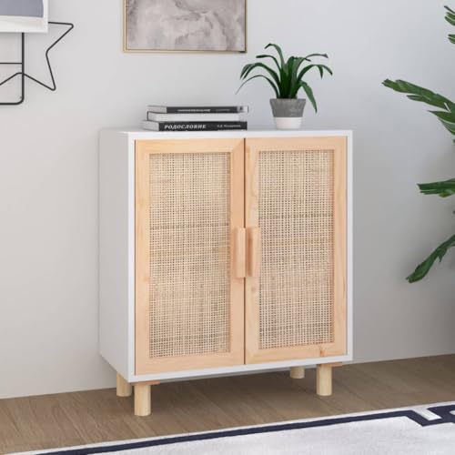 CKioict Sideboard Weiß gartenschrank kommoden for Schlafzimmer Wohnzimmer 60x30x70 cm Massivholz Kiefer und Natur-Rattan von CKioict
