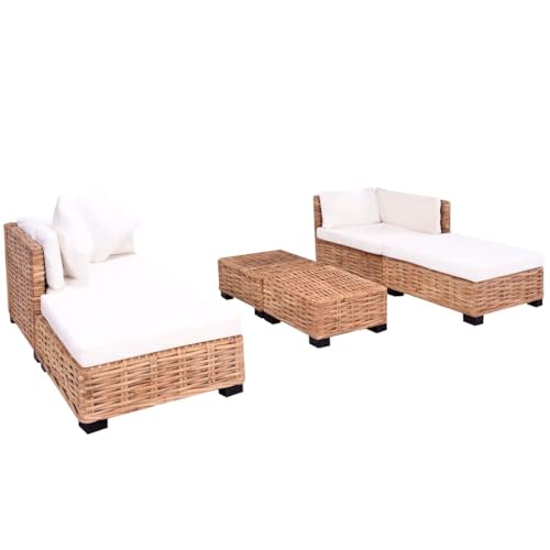 CKioict Stilvolle Rattan Sofagarnitur Set mit 2 Eckelementen, Hockern und Couchtischen für Wohnzimmer und Wintergarten, Natürliche Flechtoptik, Mahagoni Holzbeine, von CKioict