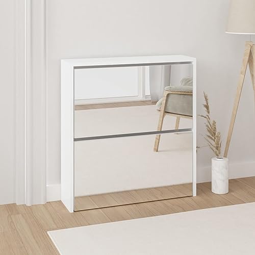 CKioict Vertikales Schuhablage Schuhkommode im Flur Platzsparend Schuhschrank mit Spiegel 2 Fächer Hochglanz-Weiß 63x17x67 cmfür Flur, Wohnzimmer, Schlafzimmer von CKioict