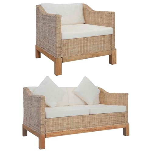 Rattan Sofa Set 2-teilig mit Sessel und 2-Sitzer, Gartenmöbel aus echtem Rattan und robustem Holzrahmen, waschbare Kissen, langlebig und bequem für Innen- und von CKioict