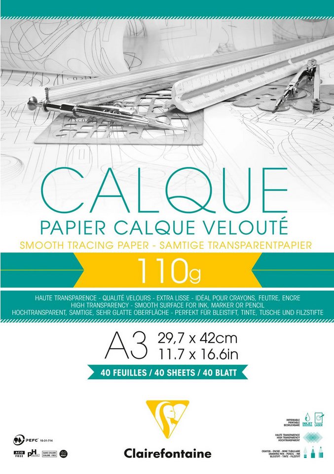 CLAIREFONTAINE Transparentpapier 5x Transparentpapier, Block geleimt mit 40 Blatt A3, 110g 975107C, Papiermappen Blöcke Clairefontaine von CLAIREFONTAINE