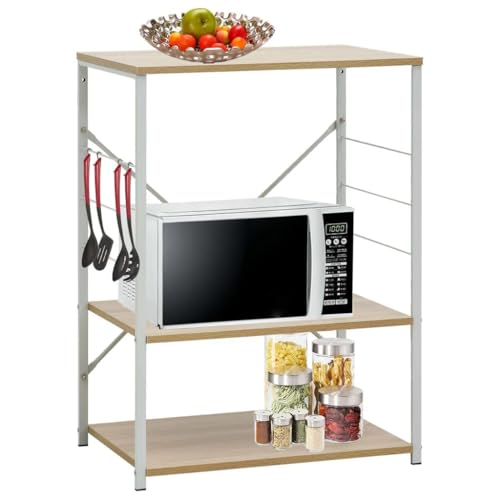 CLALER BECLOH Microwave Shelf, 3-Tier Microwave Stand Shelf with 6 Hooks, KüChenregal, Mikrowellen Regal (Weiß und Eichenbraun) von CLALER
