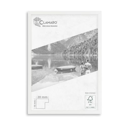 CLAMARO 'COLLAGE 20' Bilderrahmen 48x64 handgefertigt nach Maß | Weiss Matt | Moderner 20 mm breiter slim Design MDF Holzbilderrahmen inkl. Acrylglas, Rückwand und Aufhänger von CLAMARO