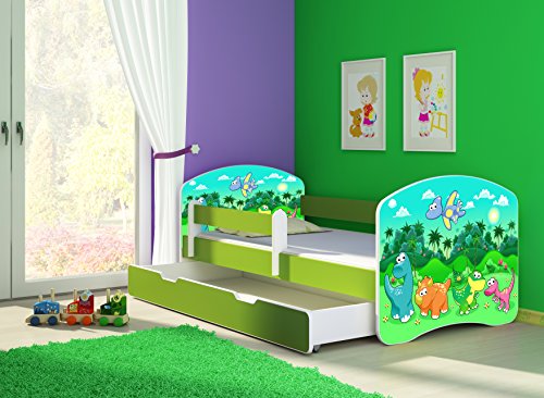 CLAMARO 'Fantasia Grün' 140 x 70 Kinderbett Set inkl. Matratze, Lattenrost und mit Bettkasten Schublade, mit verstellbarem Rausfallschutz und Kantenschutzleisten, Design: 30 Dinosaurier von CLAMARO