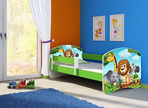 CLAMARO 'Fantasia Grün' 160 x 80 Kinderbett Set inkl. Matratze und Lattenrost, mit verstellbarem Rausfallschutz und Kantenschutzleisten, Design: 02 Tierpark-2 von CLAMARO