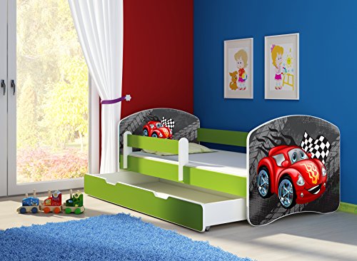 CLAMARO 'Fantasia Grün' 180 x 80 Kinderbett Set inkl. Matratze, Lattenrost und mit Bettkasten Schublade, mit verstellbarem Rausfallschutz und Kantenschutzleisten, Design: 05 Rennwagen Rot von CLAMARO