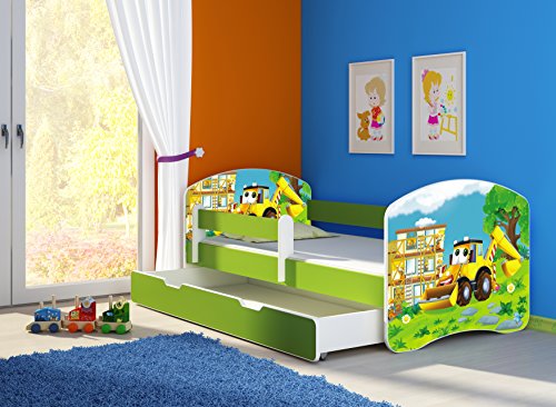 CLAMARO 'Fantasia Grün' 180 x 80 Kinderbett Set inkl. Matratze, Lattenrost und mit Bettkasten Schublade, mit verstellbarem Rausfallschutz und Kantenschutzleisten, Design: 20 Bagger von CLAMARO