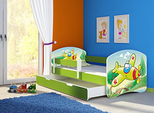 CLAMARO 'Fantasia Grün' 180 x 80 Kinderbett Set inkl. Matratze, Lattenrost und mit Bettkasten Schublade, mit verstellbarem Rausfallschutz und Kantenschutzleisten, Design: 29 Flugzeug von CLAMARO