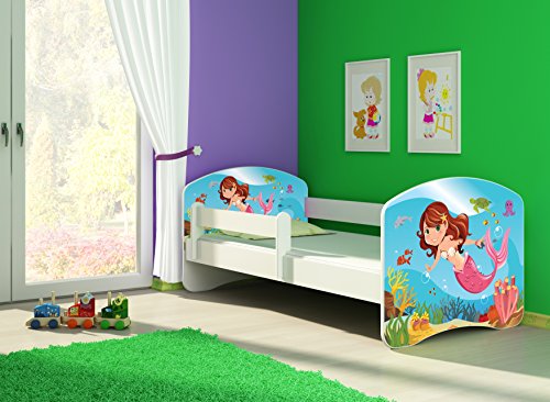 CLAMARO 'Fantasia Weiß' 140 x 70 Kinderbett Set inkl. Matratze und Lattenrost, mit verstellbarem Rausfallschutz und Kantenschutzleisten, Design: 09 Meerjungrau von CLAMARO