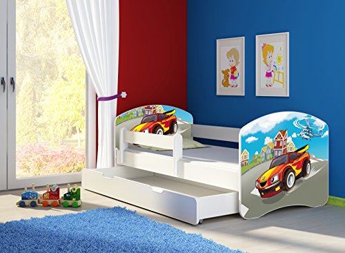 CLAMARO 'Fantasia Weiß' 160 x 80 Kinderbett Set inkl. Matratze, Lattenrost und mit Bettkasten Schublade, mit verstellbarem Rausfallschutz und Kantenschutzleisten, Design: 03 Verfolgungsjagd von CLAMARO