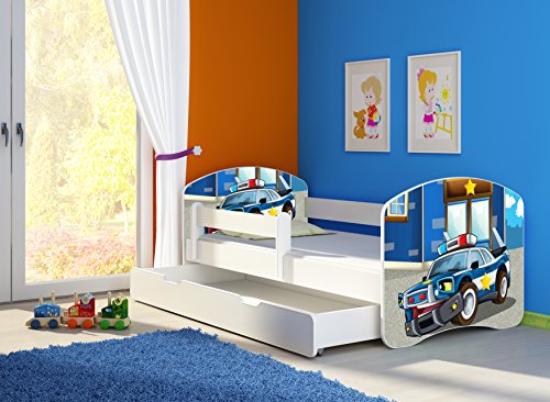CLAMARO 'Fantasia Weiß' 160 x 80 Kinderbett Set inkl. Matratze, Lattenrost und mit Bettkasten Schublade, mit verstellbarem Rausfallschutz und Kantenschutzleisten, Design: 38 Polizeiwagen von CLAMARO