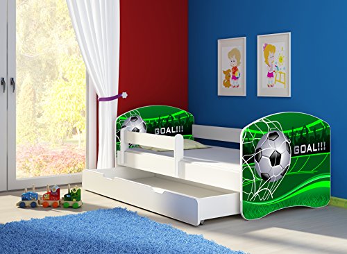 CLAMARO 'Fantasia Weiß' 180 x 80 Kinderbett Set inkl. Matratze, Lattenrost und mit Bettkasten Schublade, mit verstellbarem Rausfallschutz und Kantenschutzleisten, Design: 14 Fußball Toor von CLAMARO