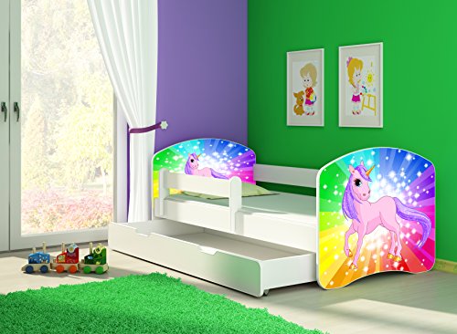 CLAMARO 'Fantasia Weiß' 180 x 80 Kinderbett Set inkl. Matratze, Lattenrost und mit Bettkasten Schublade, mit verstellbarem Rausfallschutz und Kantenschutzleisten, Design: 18 Einhorn Regenbogen von CLAMARO