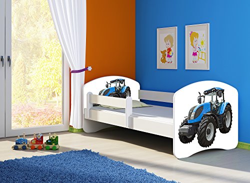 CLAMARO 'Fantasia Weiß' 180 x 80 Kinderbett Set inkl. Matratze und Lattenrost, mit verstellbarem Rausfallschutz und Kantenschutzleisten, Design: 42 Traktor von CLAMARO