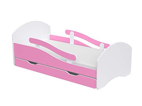 CLAMARO 'Leo' Kinderbett Jugendbett 140x70 mit verstellbarem Rausfallschutz (beidseitig) und Kantenschutzleisten, Bett Set inkl. Lattenrost, Matratze und Bettkasten Schublade auf Rollen - Weiß/Pink von CLAMARO