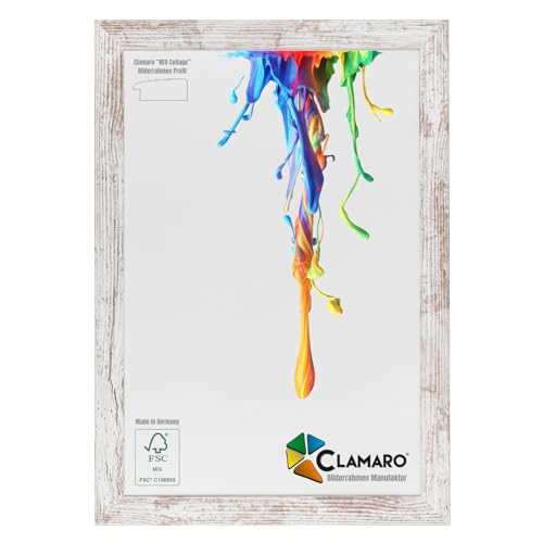 CLAMARO 'Neo Collage' Bilderrahmen DIN A5 (14,8x21) handgefertigt nach Maß | Vintage Weiss | MDF-Holz Design Holzbilderrahmen inkl. Acrylglas und Metall Aufhänger (Querformat & Hochformat) von CLAMARO