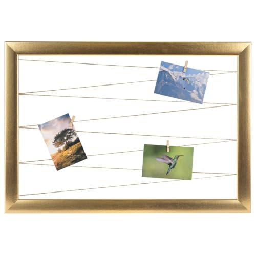 CLAMARO 'Neo Collage Line' Fotohalter 65x45 cm | Gold | Querformat Bilderrahmen mit Fotoleine aus Juteband und Holzklammern | Ideal als Fotocollage Galerie, Fotowand oder Fotorahmen von CLAMARO