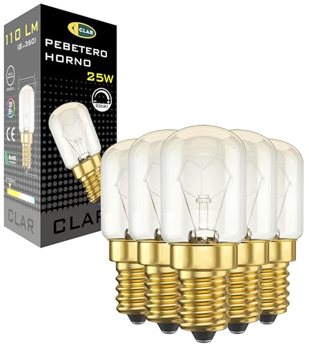 CLAR - Backofenlampe E14 25W 300 Grad, Backofenlampe E14, Glühbirne Backofen, Glühbirne Kühlschrank 25W 300 Grad, Mikrowellen-Glühbirne (Pack5) von CLAR