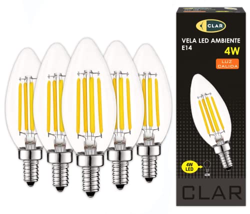 CLAR - Candle LED Lampe E14 4W Filament, Leuchtmittel E14, V intage, LED Glühbirne E14, LED Birne Classic 30-40 W, Warmweiß 2700ºK (Pack 5) von CLAR