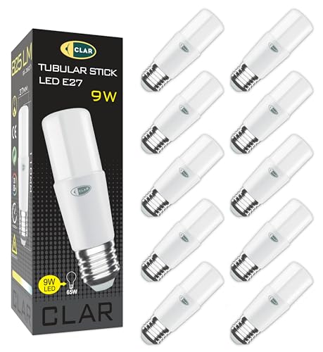 CLAR - E27 LED Lampe Stabform 9W Leuchtmittel E27, Energiesparlampe E27, LED Energiesparlampe, E27, Lampe Aussenbereich, LED Längliche Glühbirne E27 9W E27 Kaltweiß 6000ºK (Pack 10) von CLAR