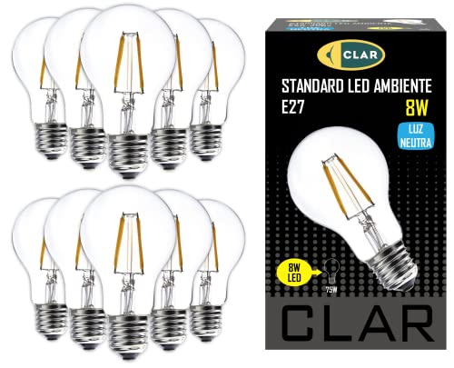 CLAR - E27 LED Vintage, E27 LED, LED Birne E27, LED E27, LED Glühbirne, Glühbirne LED, Glühbirne E27, Leuchtmittel E27, LED Leuchtmittel E27 60W-80W, 8W 4000ºK (Pack 10) von CLAR